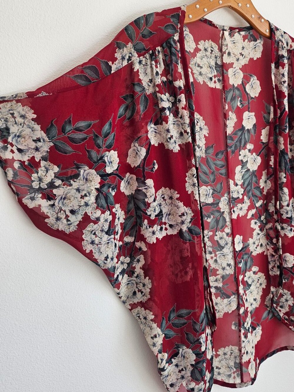 Elle CLO Red Floral Sheer Boho Kimono Cardigan Open Front Medium - Picture 4 of 9